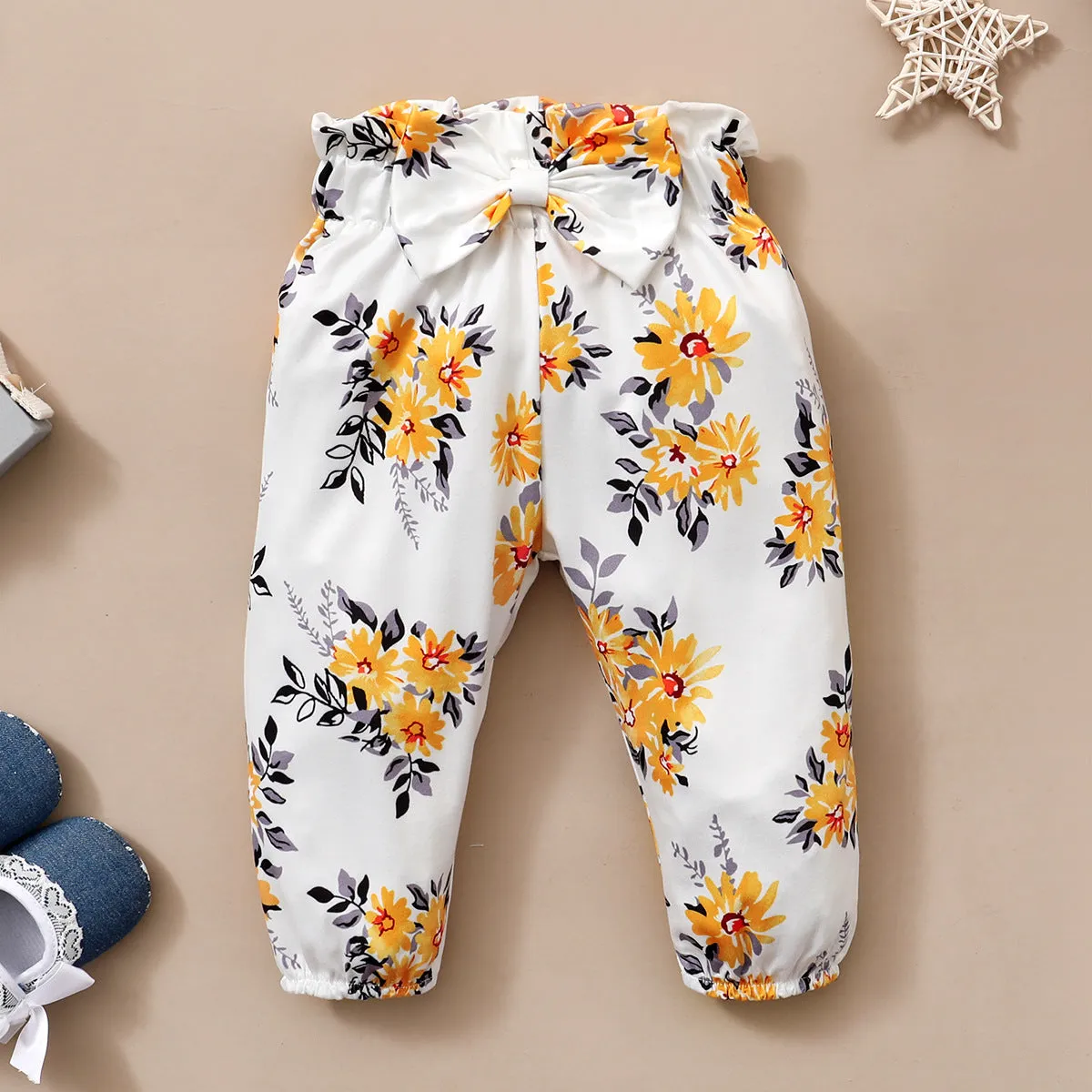 3 Pieces Set Baby Kid Girls Solid Color T-Shirts And Flower Print Pants And Headwear