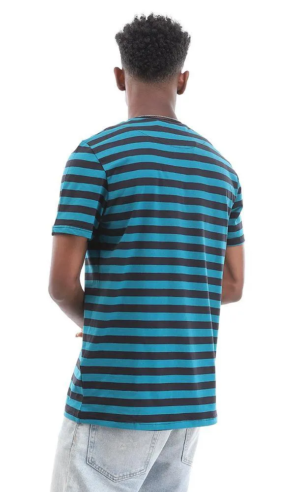 94976 Side Pocket Striped Teal Blue & Black Cotton T-Shirt