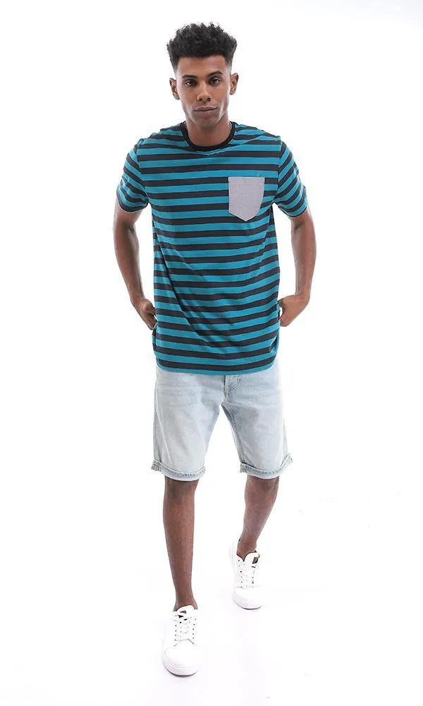 94976 Side Pocket Striped Teal Blue & Black Cotton T-Shirt