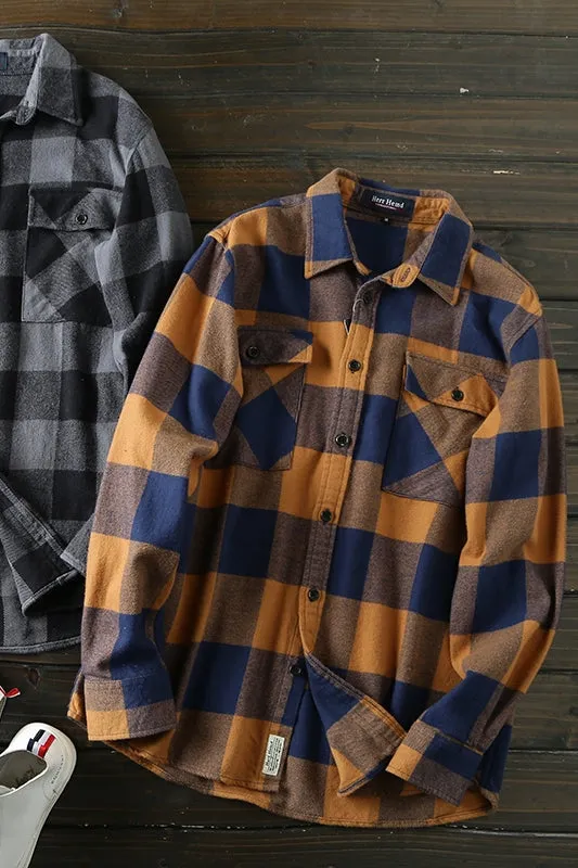 Ashore Mens Shop autumn and winter thickened brushed cotton plaid long-sleeved shirt