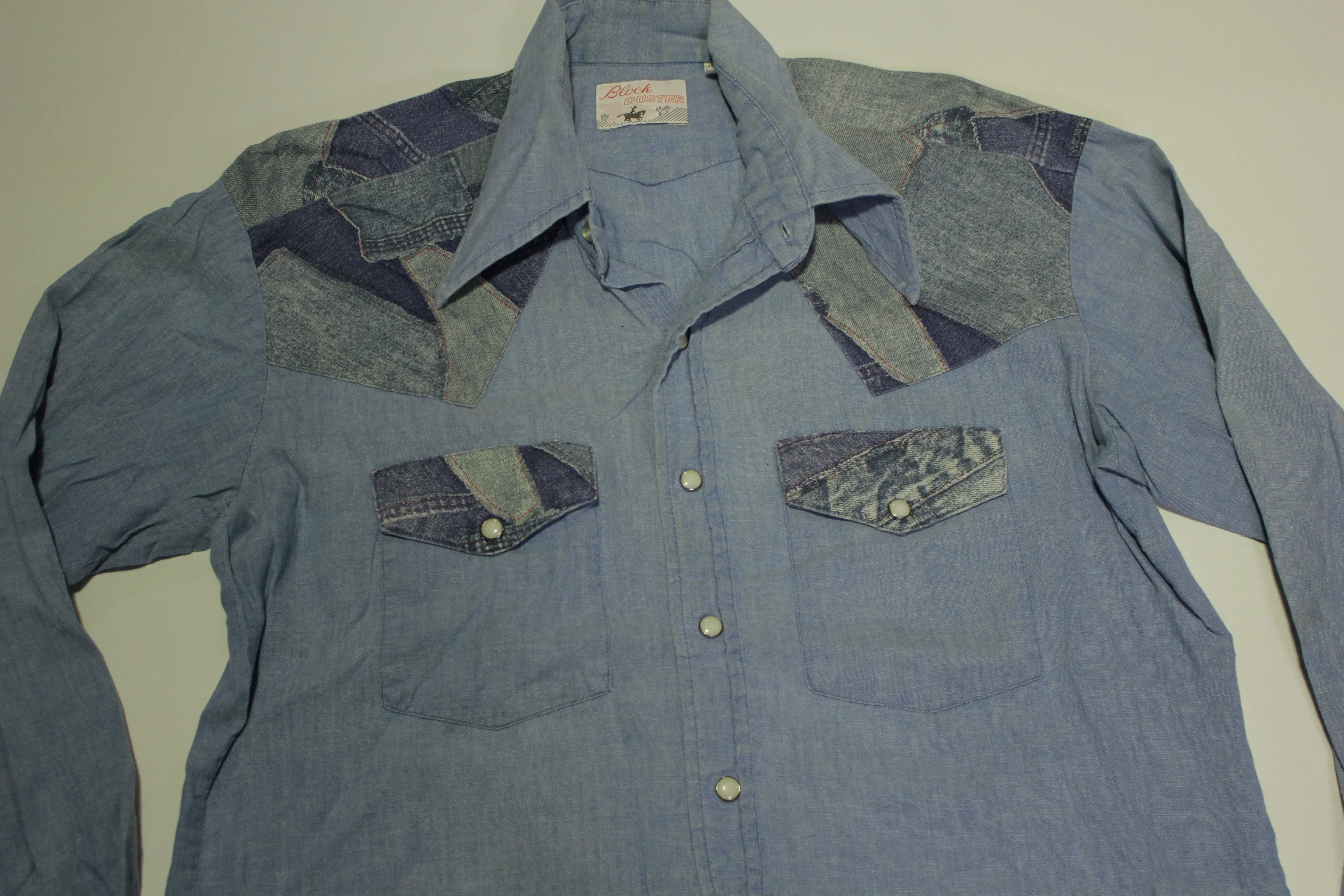 Block Buster Vintage 70's Chambray Denim Patchwork Hippie Pearl Snap Button Up Shirt