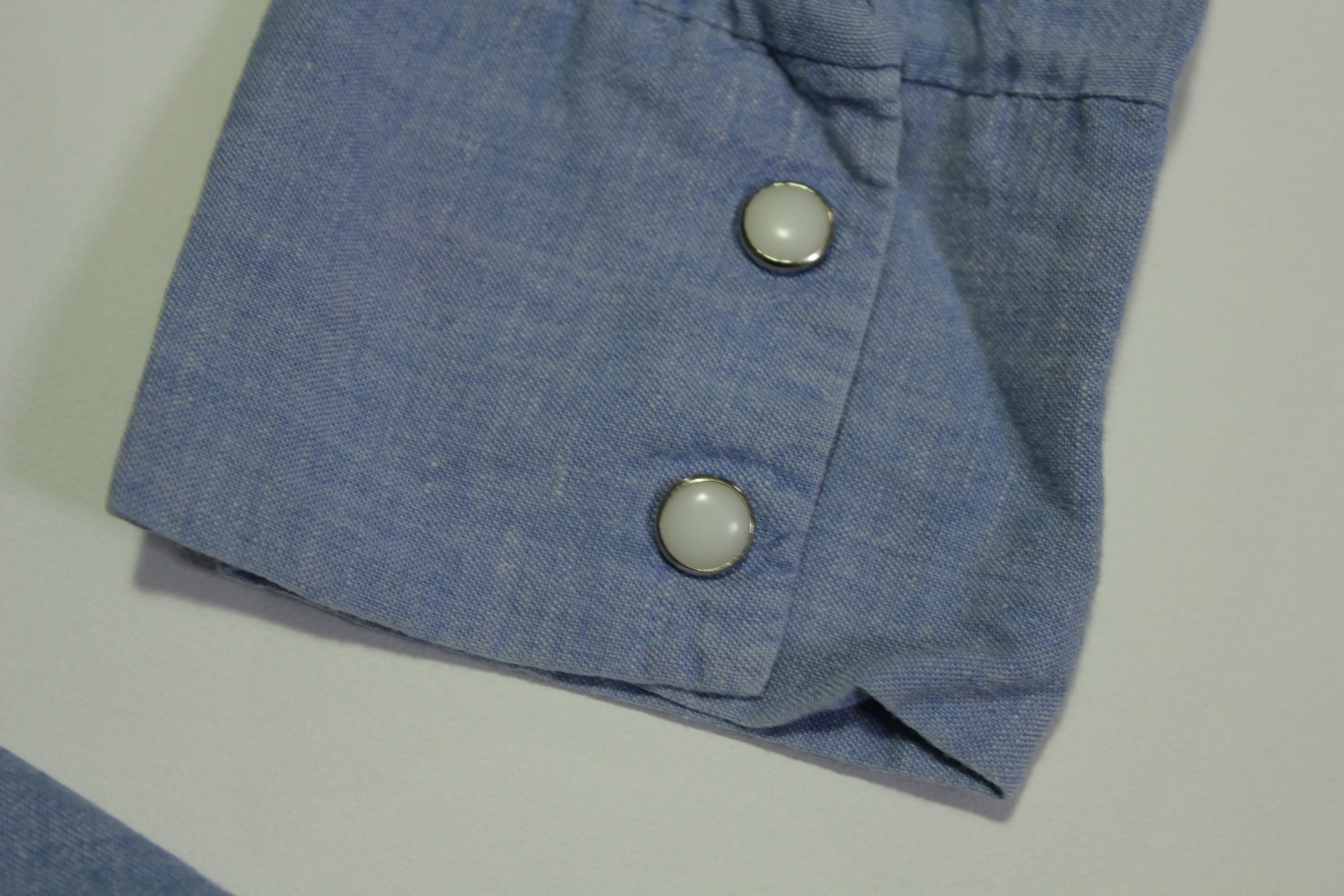 Block Buster Vintage 70's Chambray Denim Patchwork Hippie Pearl Snap Button Up Shirt