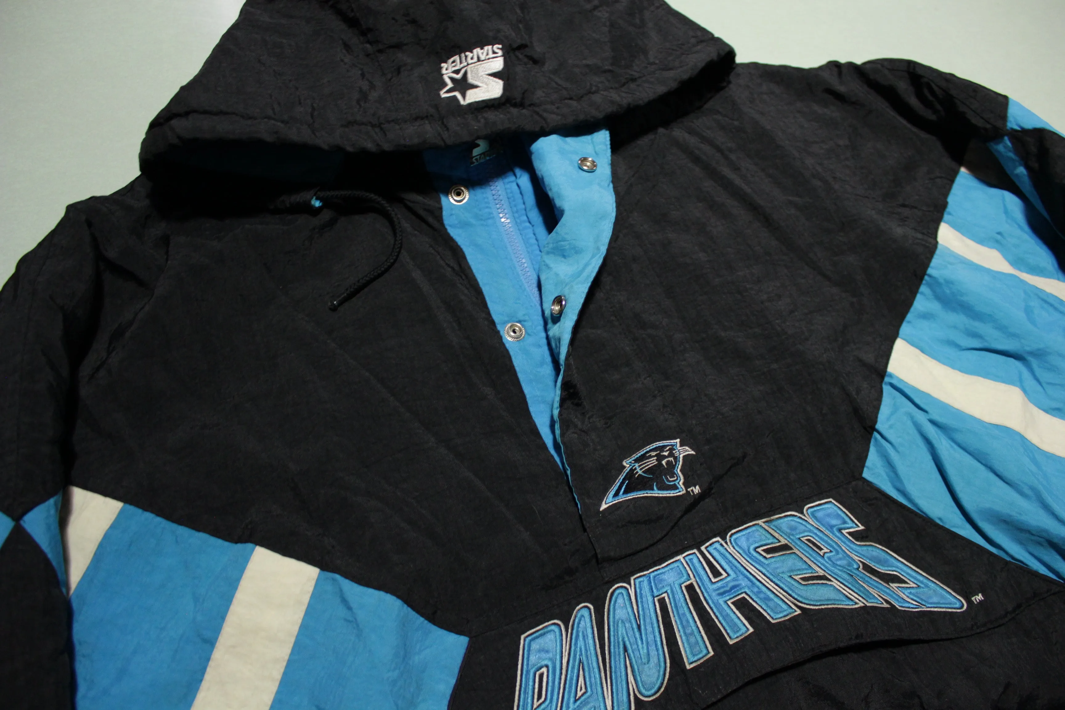 Carolina Panthers Big Logo Vintage 90's Black Blue Starter Pullover Hoodie Jacket Center Pouch