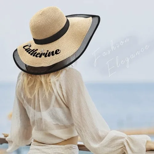 Custom Embroidery Name Black Wide Brim Straw Hat For Women Outdoor Summer Beach Cap Bride Hat