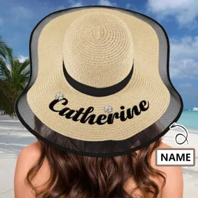 Custom Embroidery Name Black Wide Brim Straw Hat For Women Outdoor Summer Beach Cap Bride Hat