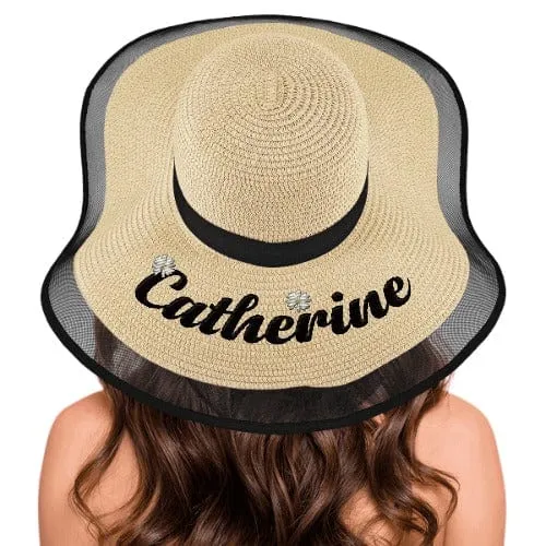 Custom Embroidery Name Black Wide Brim Straw Hat For Women Outdoor Summer Beach Cap Bride Hat