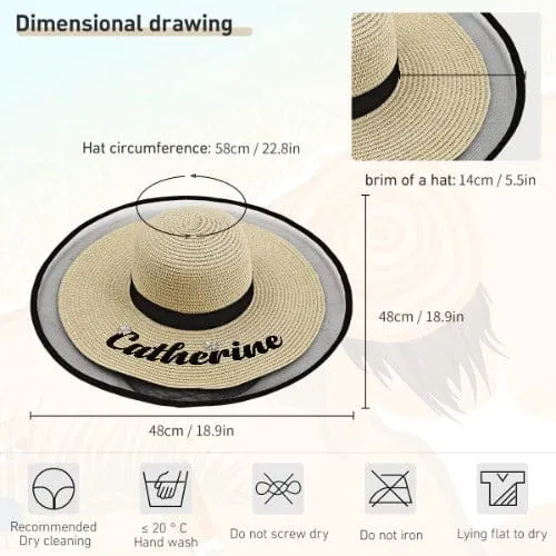 Custom Embroidery Name Black Wide Brim Straw Hat For Women Outdoor Summer Beach Cap Bride Hat