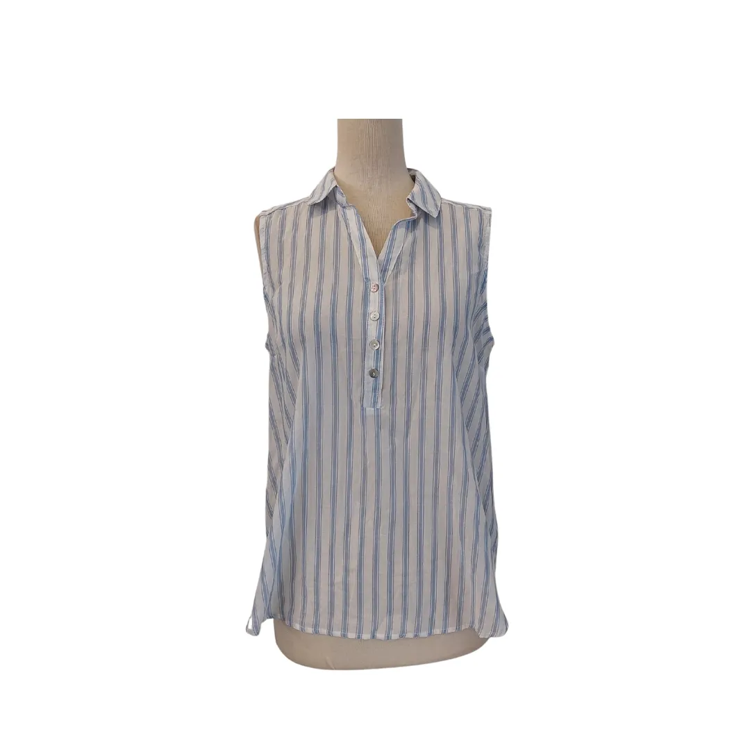 DNA Blue & White Semi-Sheer Sleeveless Collared Shirt | Pre Loved |