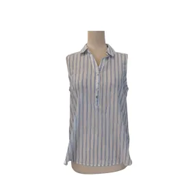 DNA Blue & White Semi-Sheer Sleeveless Collared Shirt | Pre Loved |