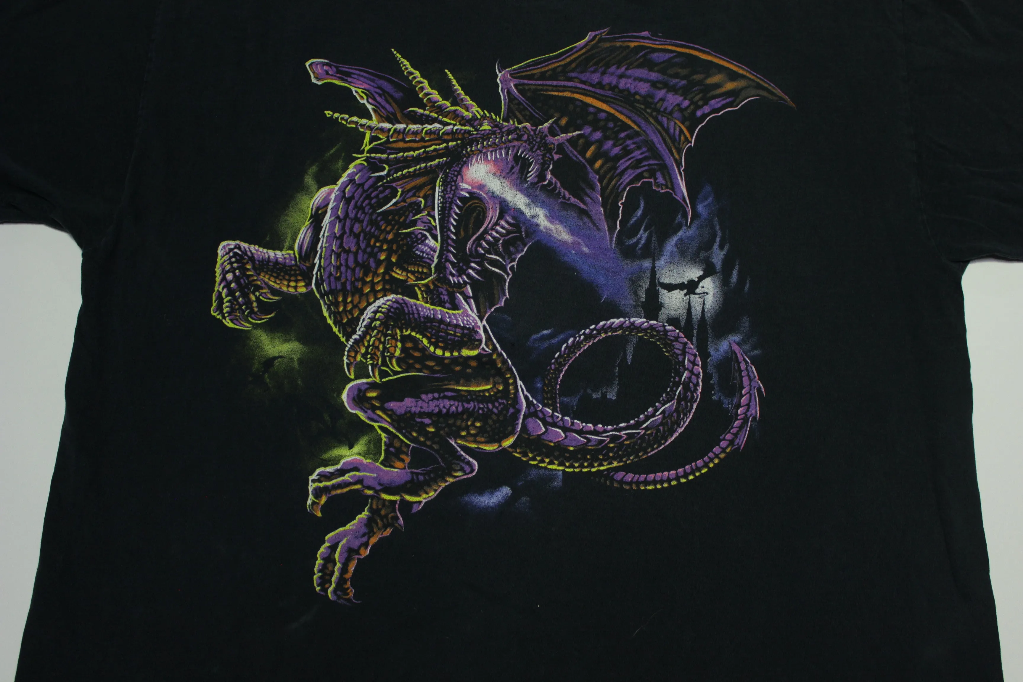 Fire Breathing Dragon Purple Castle and Bats Vintage Y2K T-Shirt