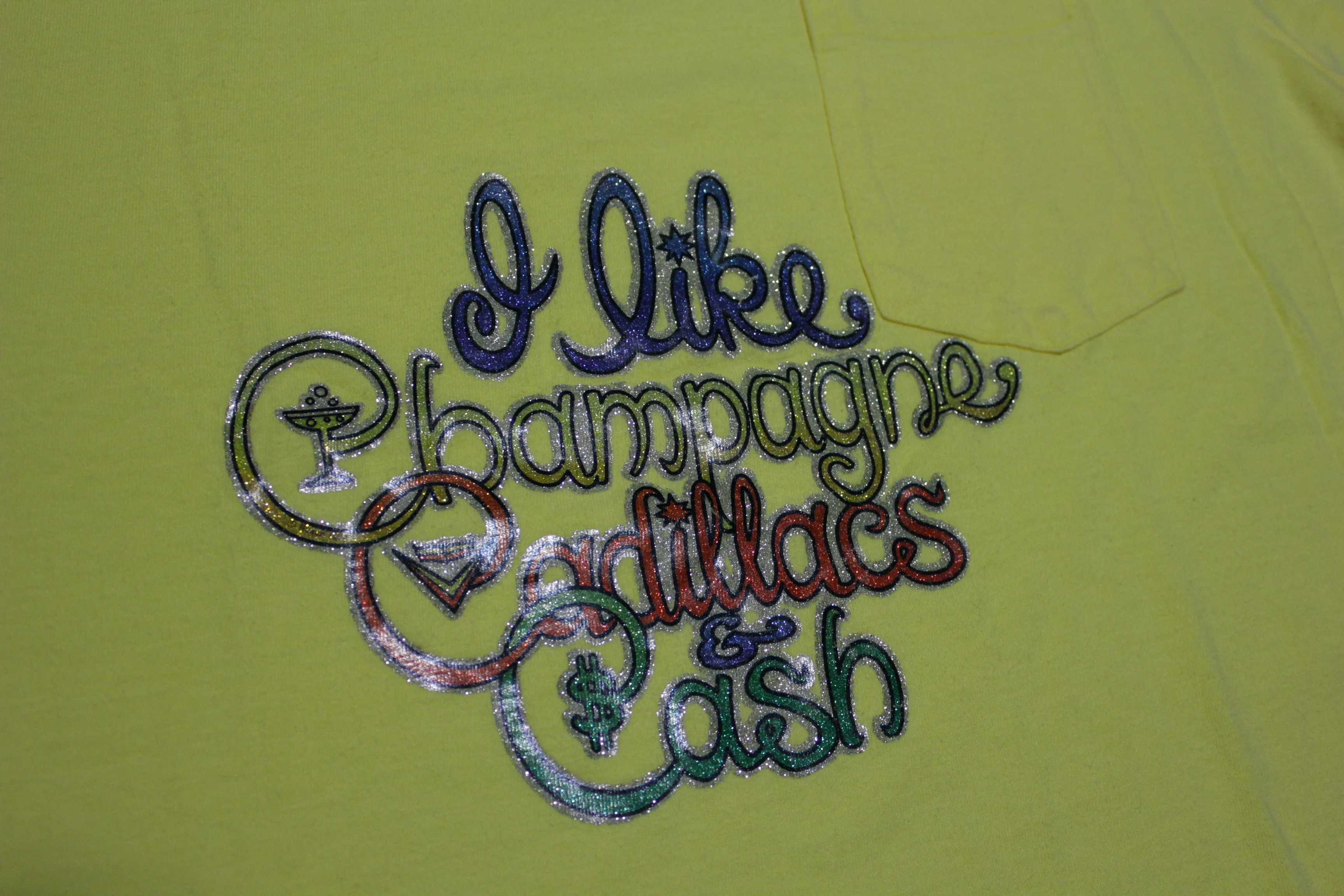 I like Champagne Cadillacs Cash Vintage Sparkle Transfer 70's Penneys Pocket T-Shirt