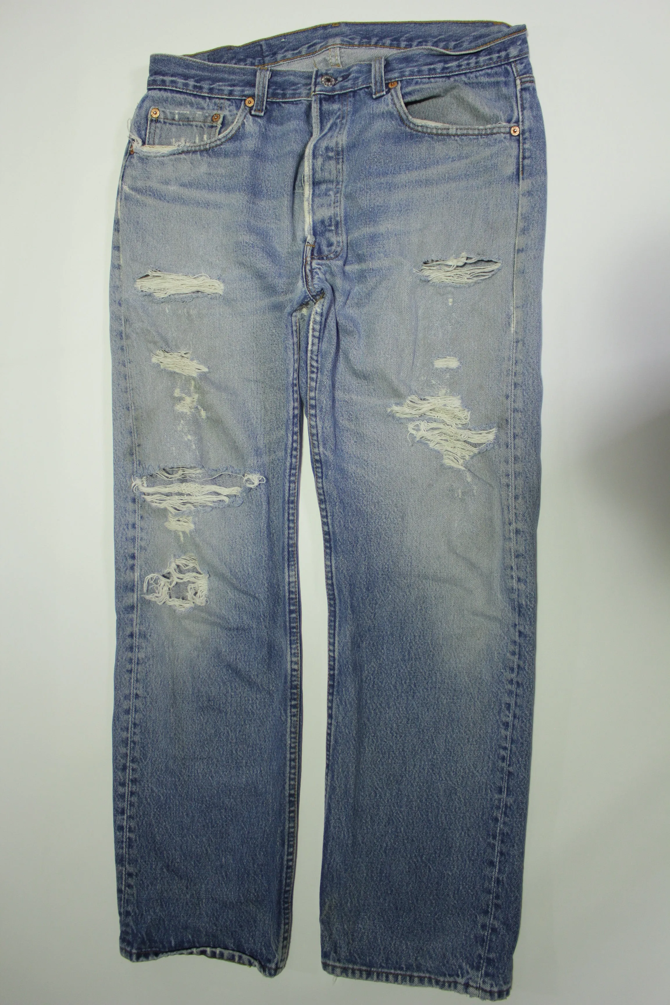 Levis 501 Heavily Distressed Button Fly Vintage 90's Denim Grunge Punk Red Tab Blue Jeans