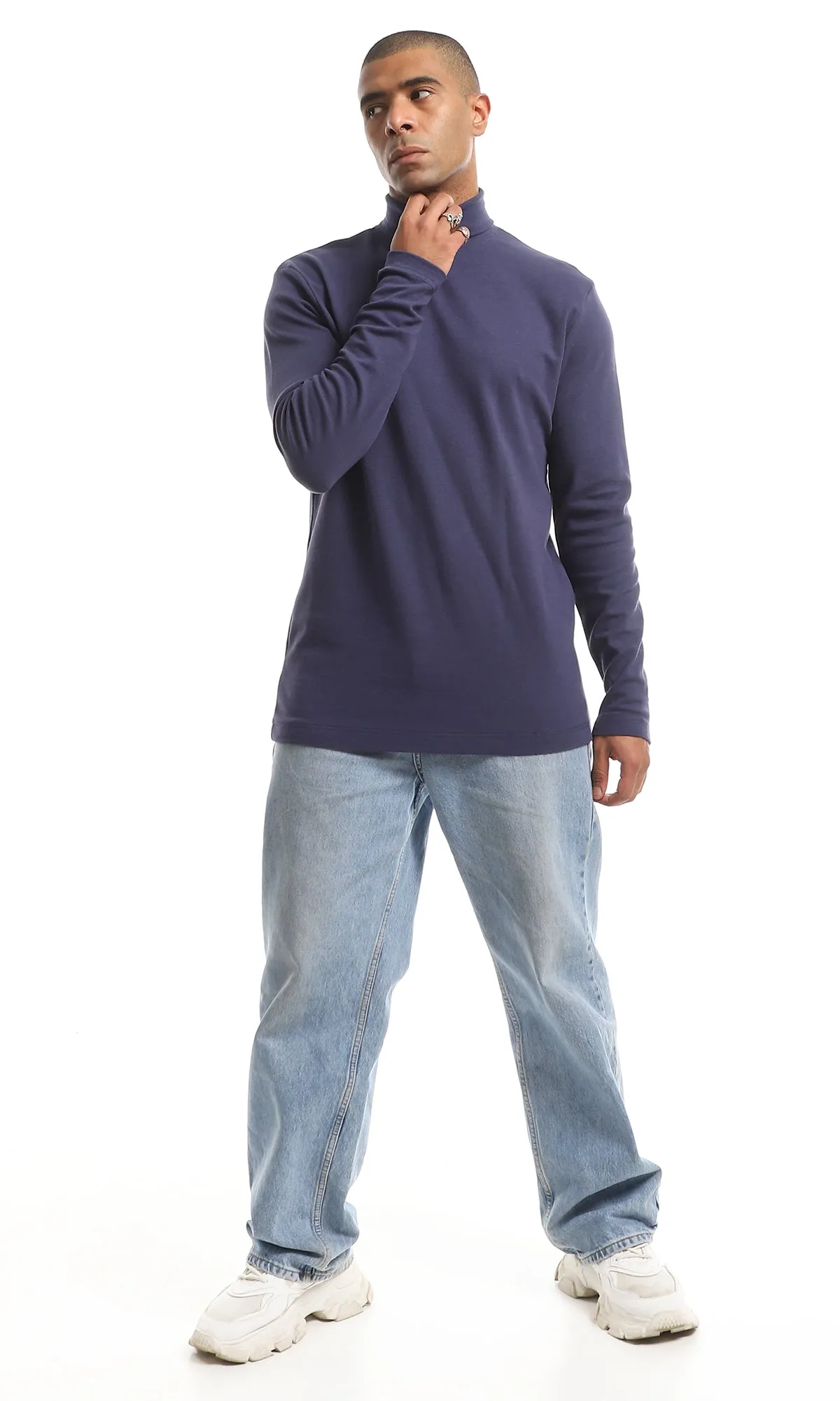 O159799 High Neck Long Sleeved Basic Cotton T-Shirt - Navy Blue