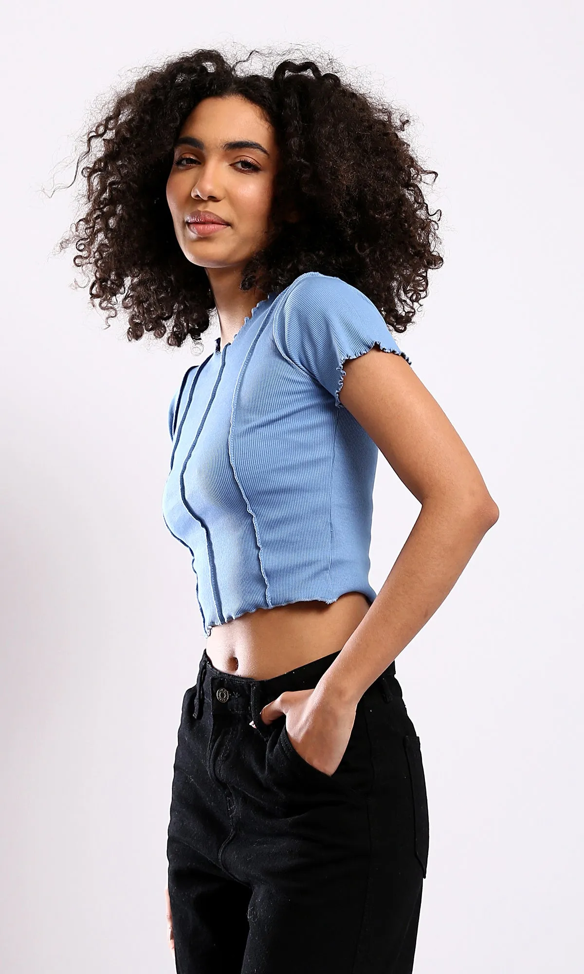 O182020 Baby Blue Short Sleeves Ribbed Cropped Top