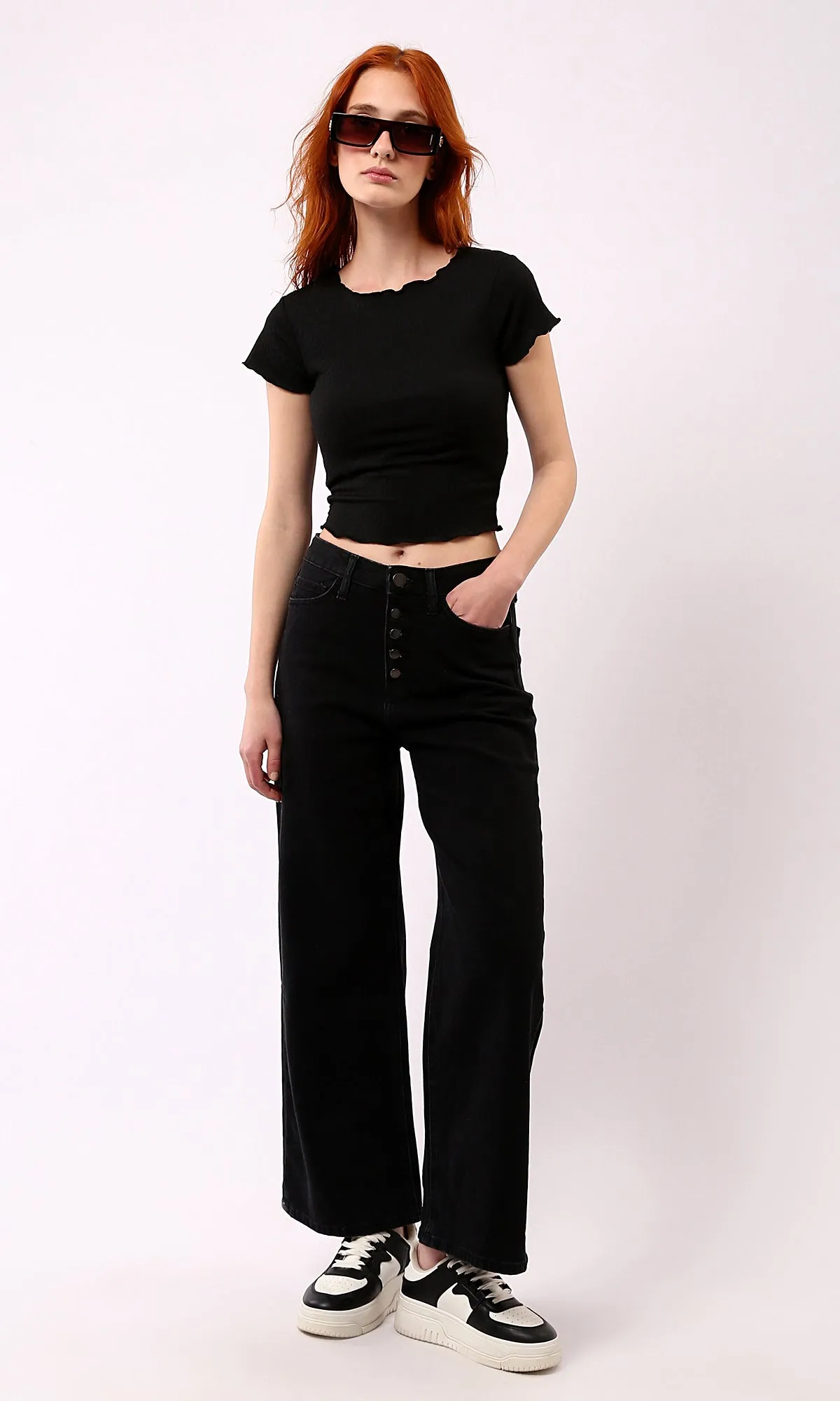 O188386 Slip On Textured Black Regular Fit Top