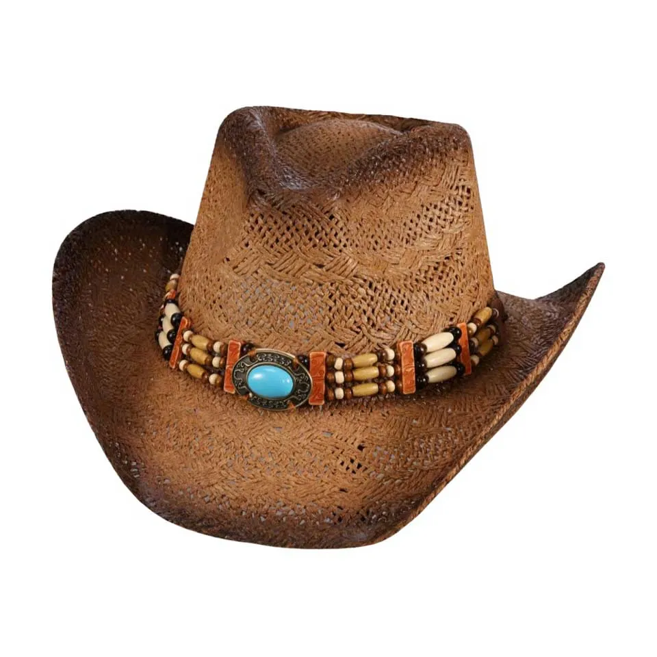 Oval Turquoise Stone Pointed Wood Beaded Straw Cowboy Hat