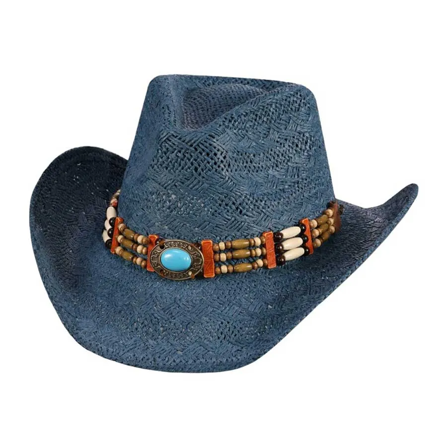 Oval Turquoise Stone Pointed Wood Beaded Straw Cowboy Hat