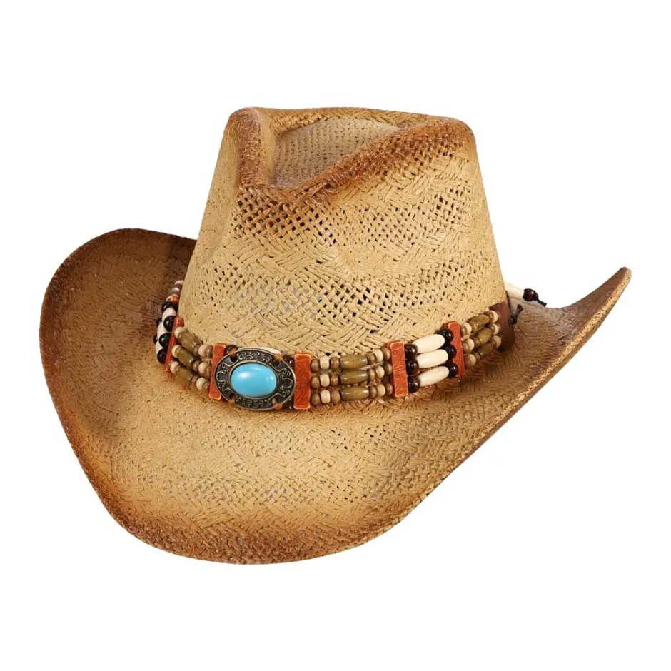 Oval Turquoise Stone Pointed Wood Beaded Straw Cowboy Hat