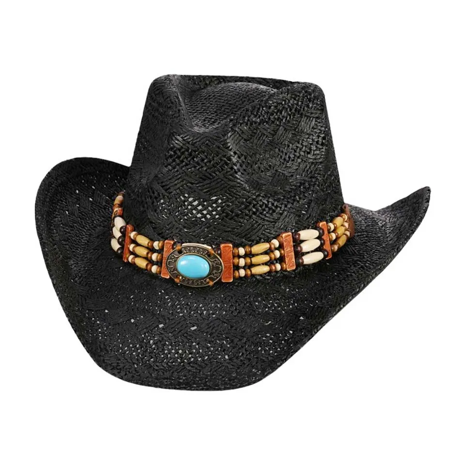 Oval Turquoise Stone Pointed Wood Beaded Straw Cowboy Hat