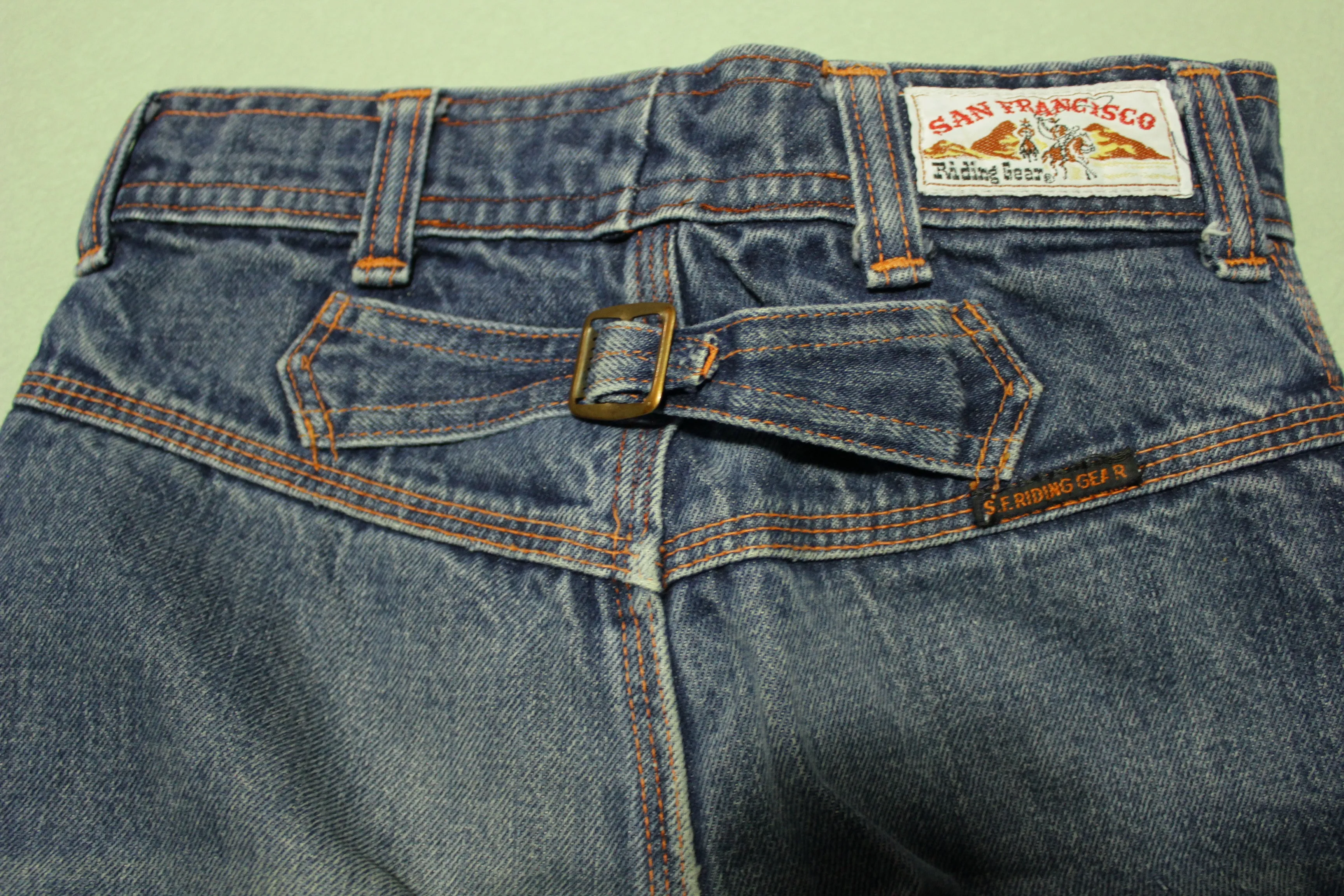 Vintage 1970s San Francisco Riding Gear Buckle Back Talon 42 Bell Bottom Denim Jeans - Classic Blue