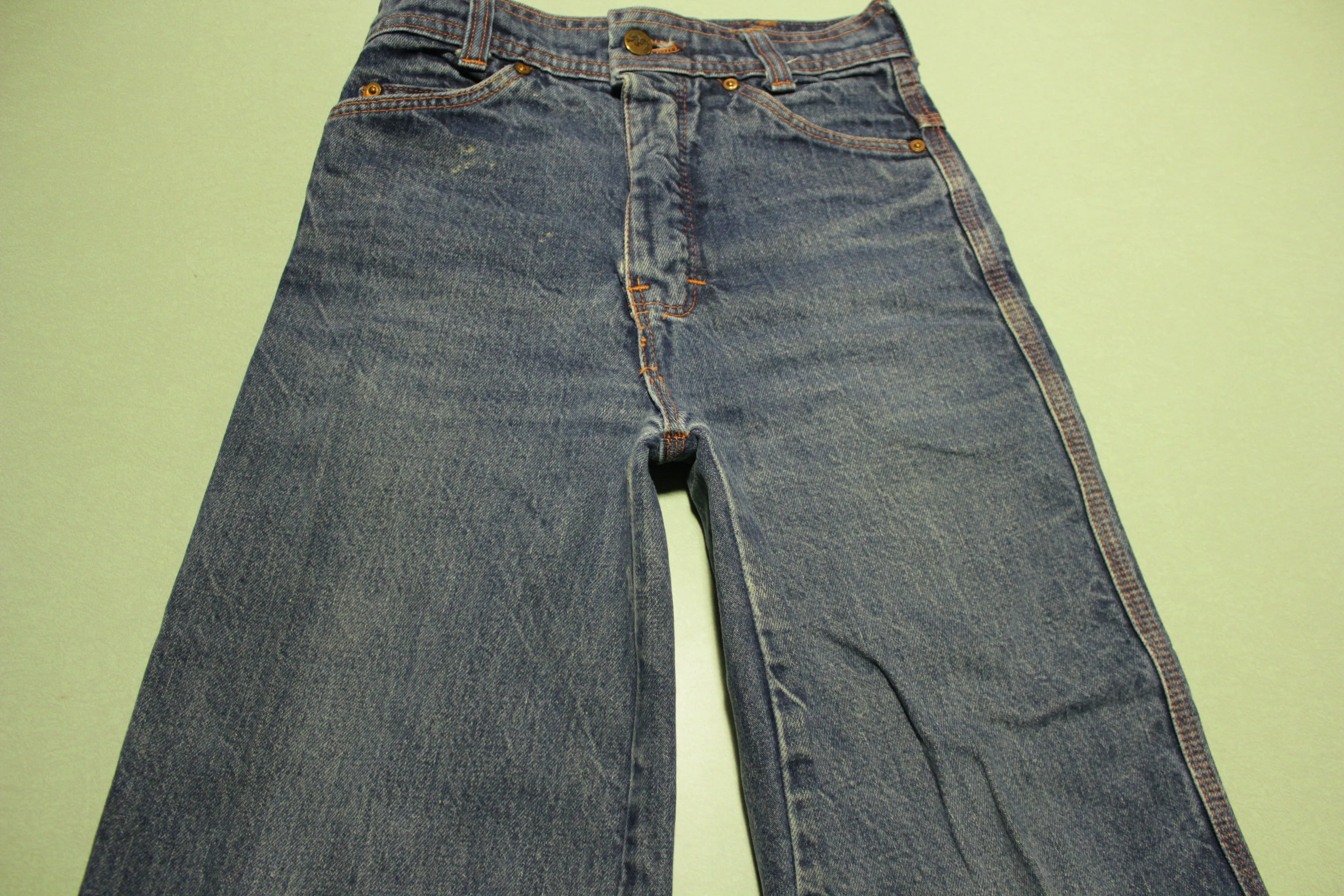 Vintage 1970s San Francisco Riding Gear Buckle Back Talon 42 Bell Bottom Denim Jeans - Classic Blue