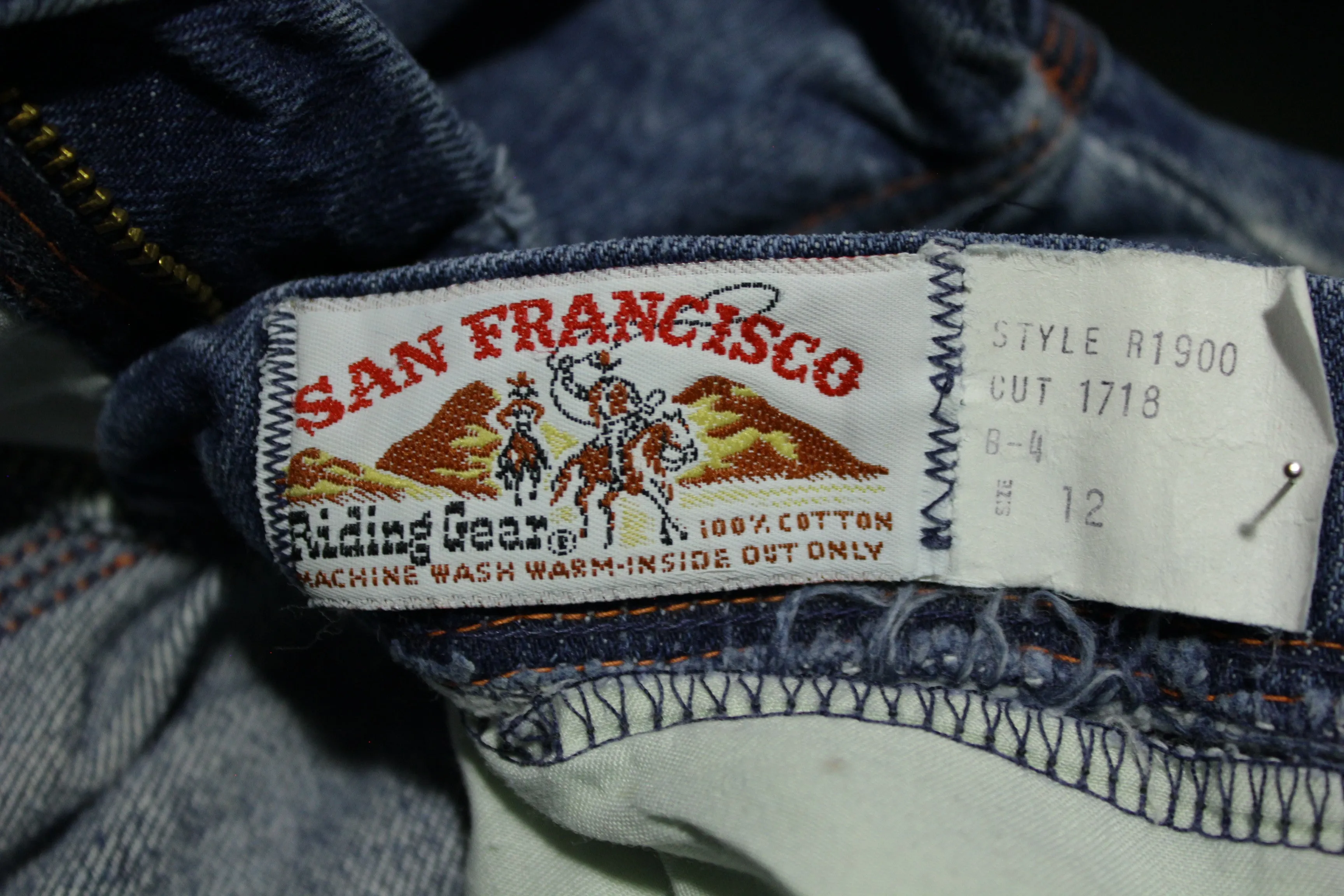 Vintage 1970s San Francisco Riding Gear Buckle Back Talon 42 Bell Bottom Denim Jeans - Classic Blue