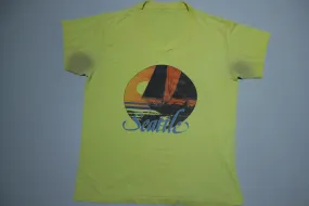 Seattle Puget Sound Sunset Sailboat Vintage 80's V-neck Destroyed Single Stitch T-Shirt