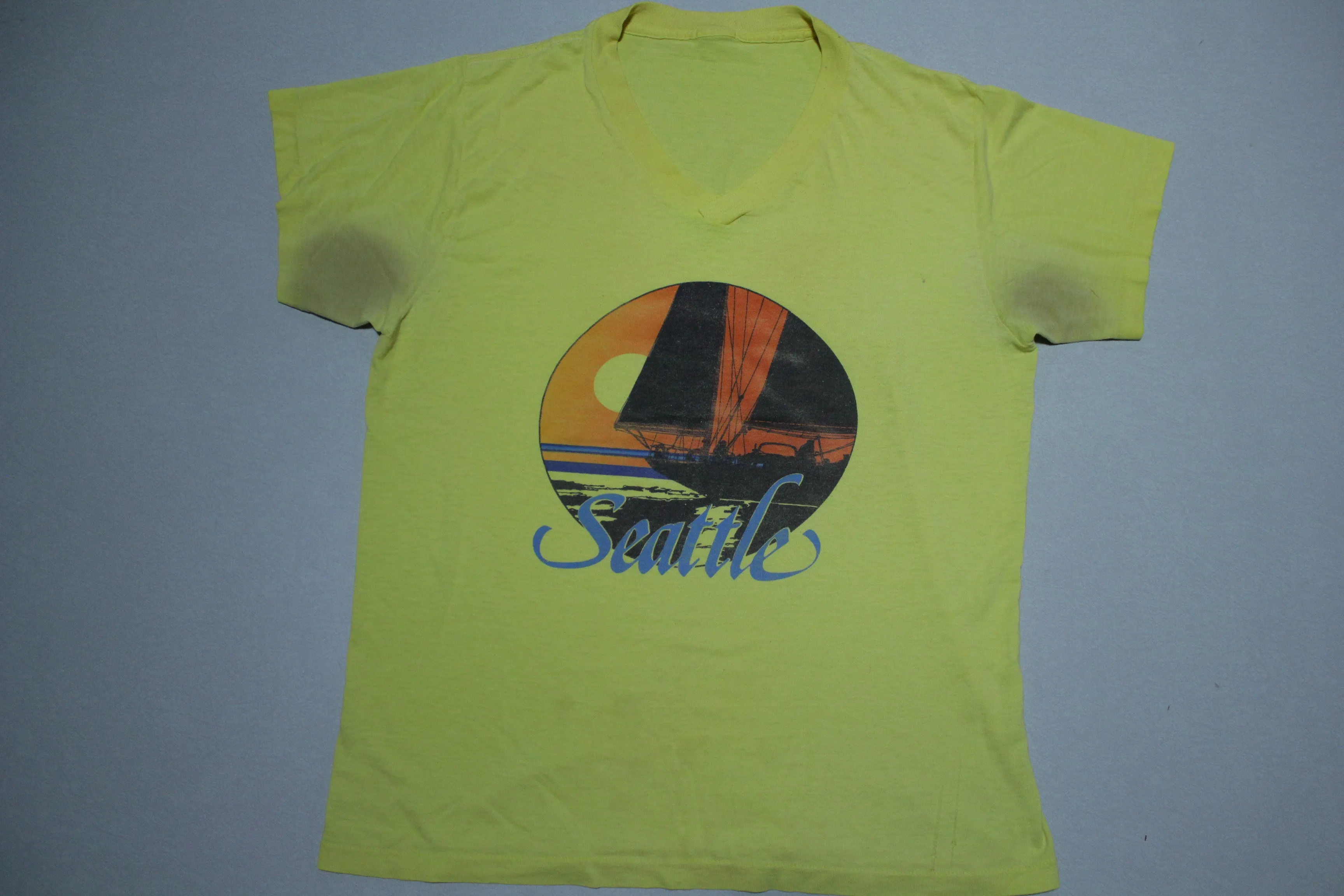 Seattle Puget Sound Sunset Sailboat Vintage 80's V-neck Destroyed Single Stitch T-Shirt