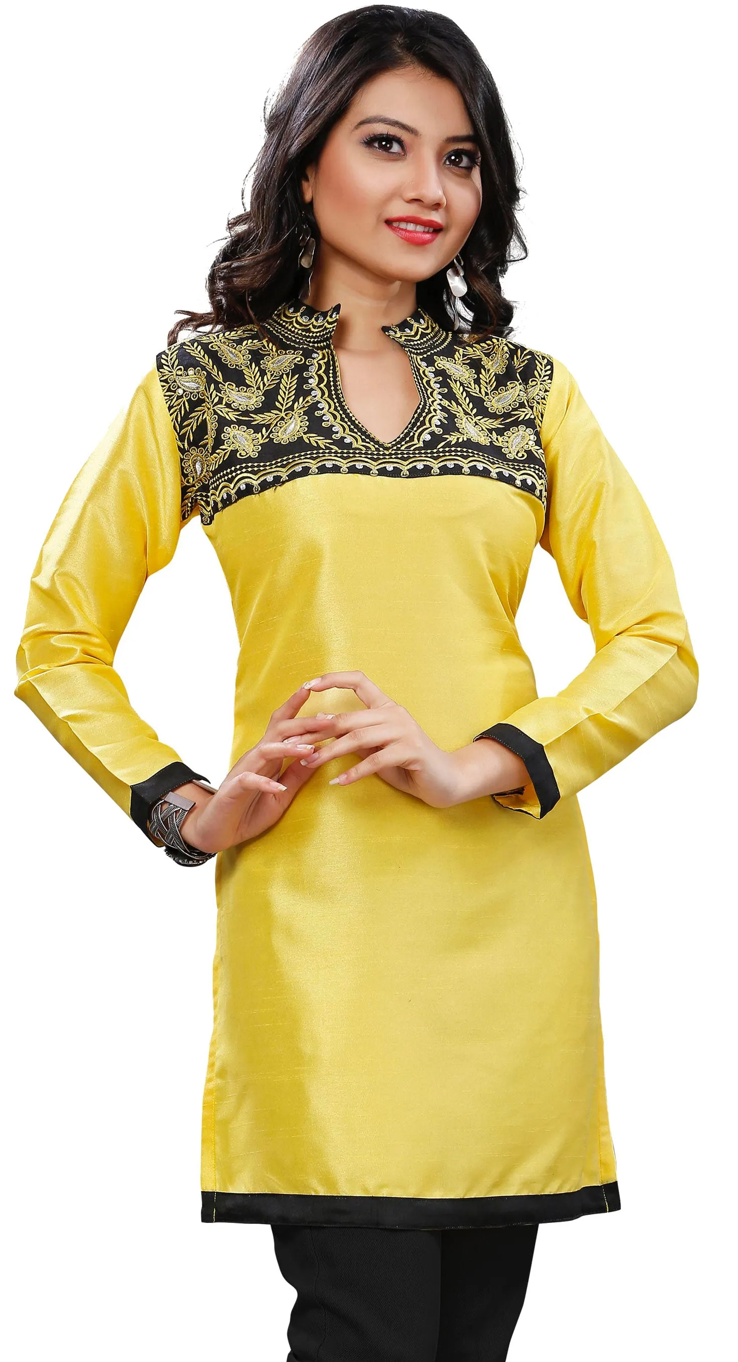 Tunic Top Short Kurti Women's Embroidered Indian Clothing (Yellow)